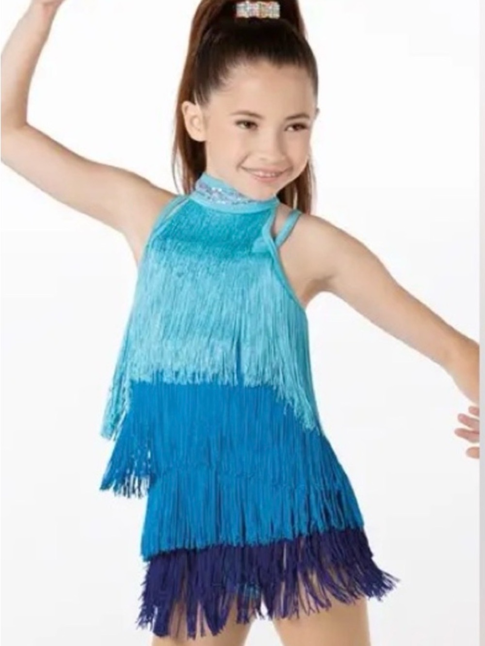 Weissman Showtime "Electric Feel" Blue Ombre Fringe Halter Dance Costume